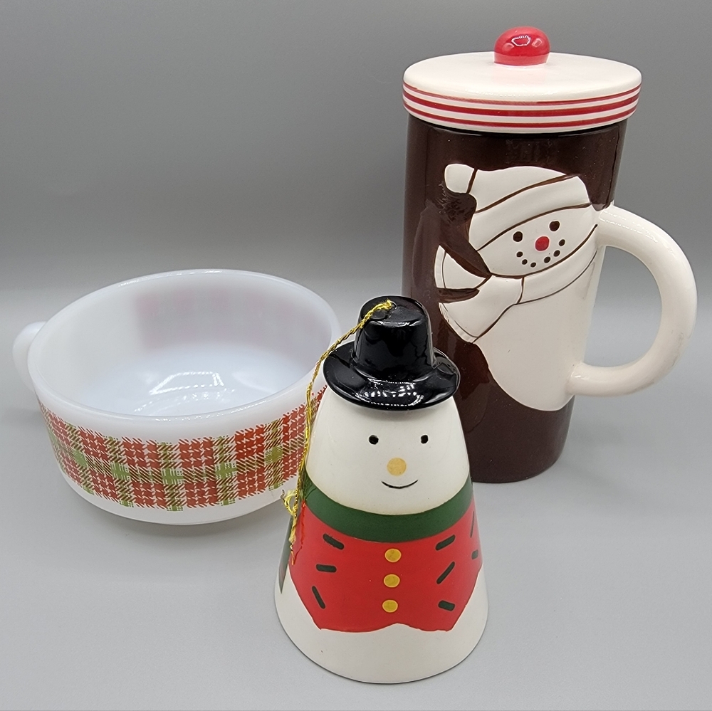 Vintage Christmas Holiday Lot (3) Glasbake Plaid, Snowman Bell, Lidded Mug
